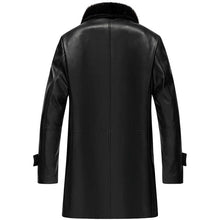 Load image into Gallery viewer, Mens Black Shearling 3/4 Length Winter Leather Coat
