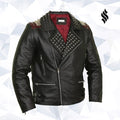 Edgy Black Leather Biker Jacket with Red Quilted Lining - Shearling leather