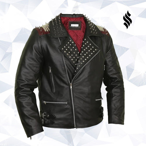 Edgy Black Leather Biker Jacket with Red Quilted Lining - Shearling leather