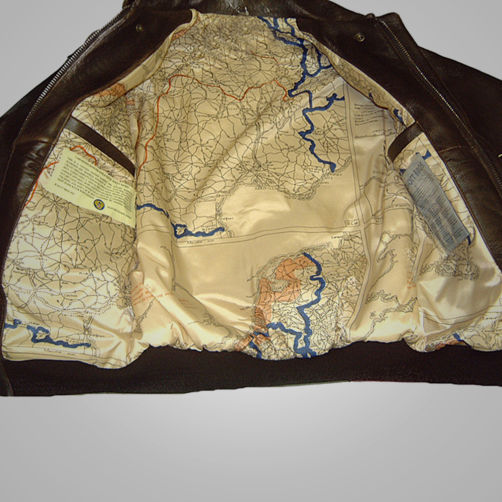 Inner lining of A brown leather men's flying jacket.