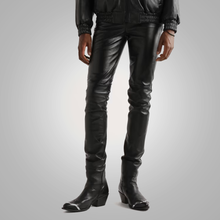 Load image into Gallery viewer, Mens Black Leather Sheep Skin Leather Biker Jeans Pant
