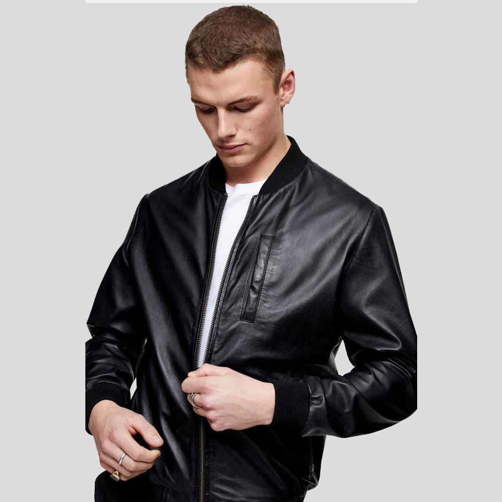 Oliver Black Bomber Leather Jacket - Shearling leather