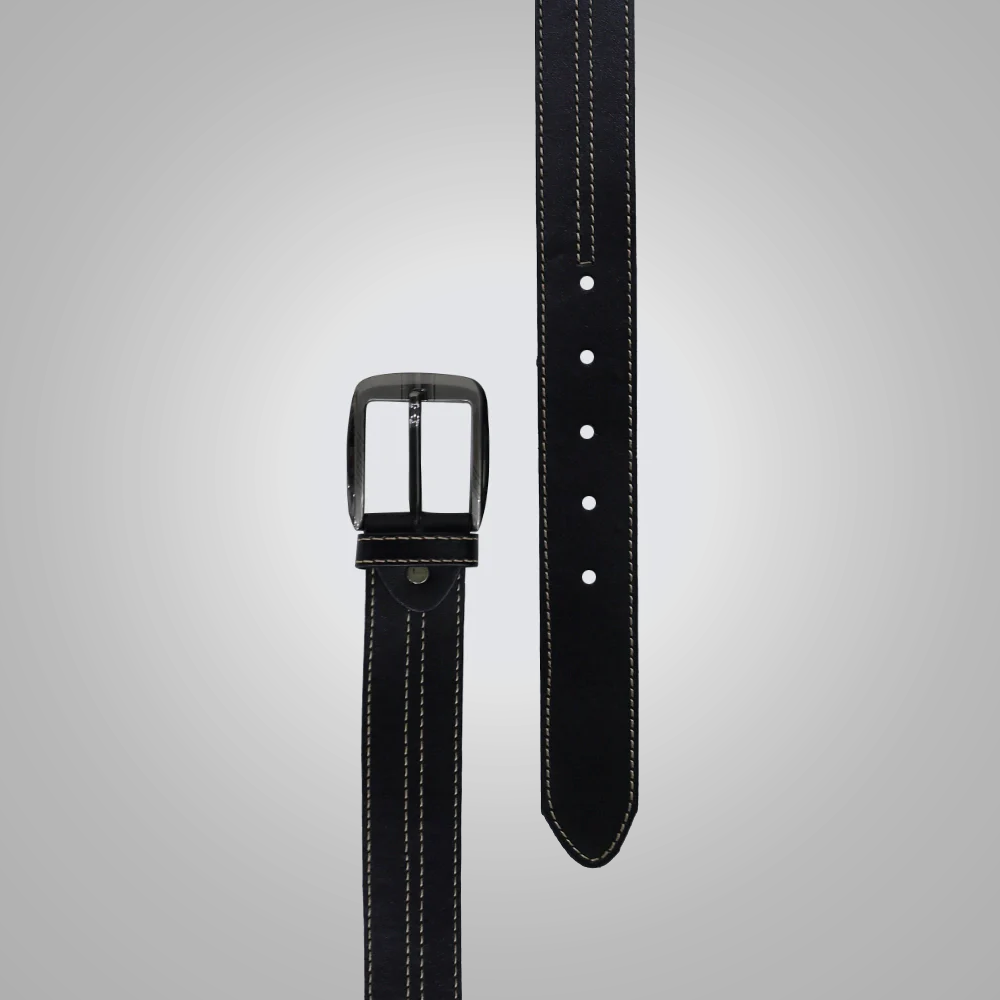 New Men White Contrast Stitch Black Leather Belt