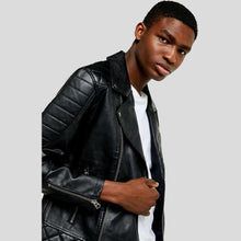 Load image into Gallery viewer, Alpha Black Biker Quilted Leather Jacket - Shearling leather
