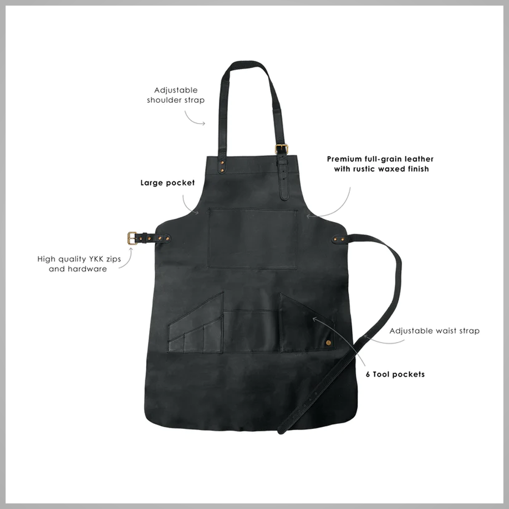 New Men Black Handmade with Premium Leather Multi Pocket Leather Apron