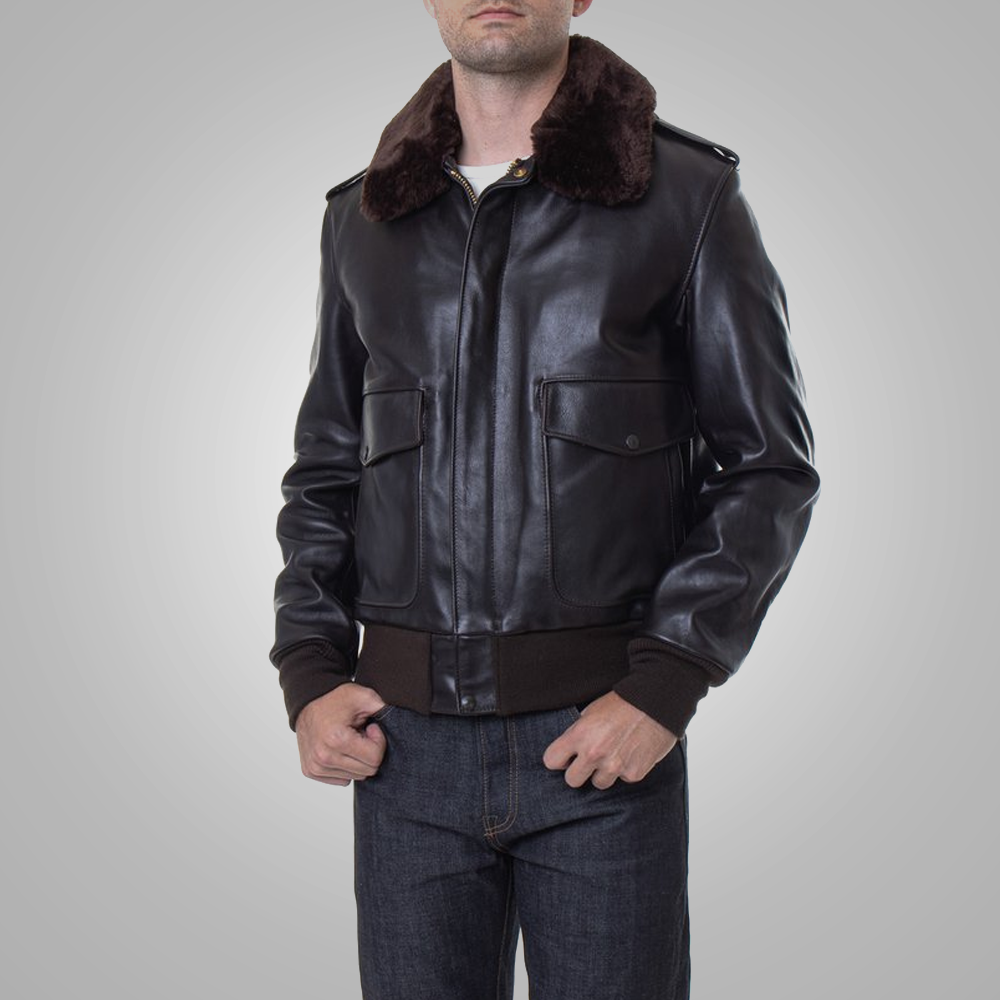 men wearing leather jacket with shearling collar. 