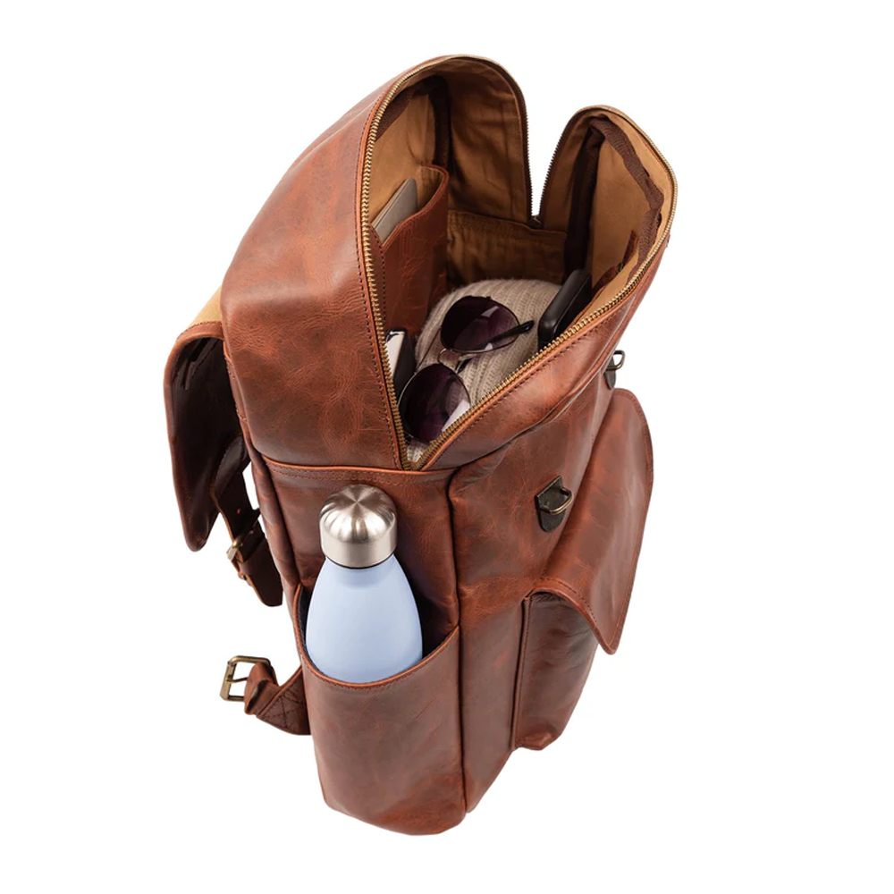 Men Brown Lambskin Leather Backpack 100% Cotton Lining in Main Compartment and Waterproof lining in the two side pockets