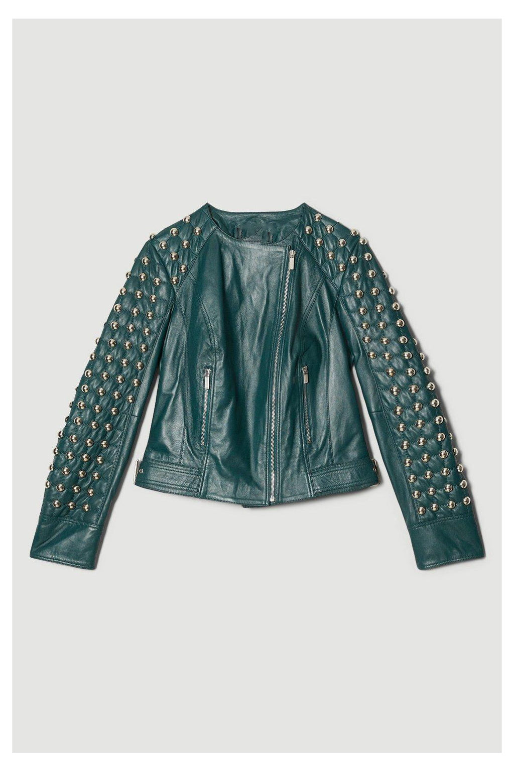 Women Silver Spiked Studded Retro Motorcycle Leather Jacket