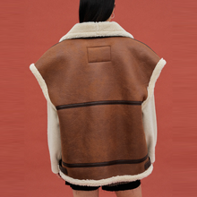 Load image into Gallery viewer, Brown Women Sheepskin Shearling Aviator Leather Vest
