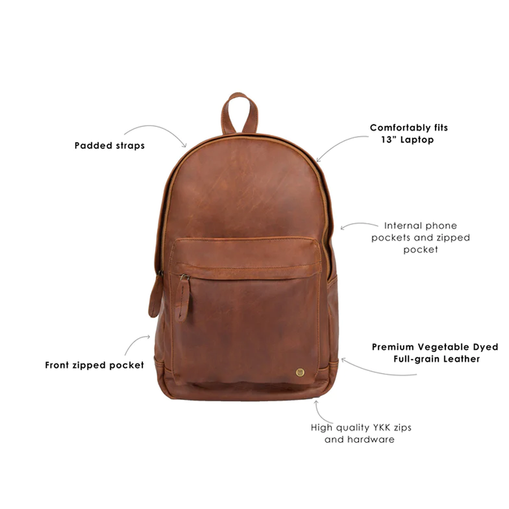 New Men's Brown Lambskin Leather Backpack With Internal Zip Pocket, Two Internal Compartments