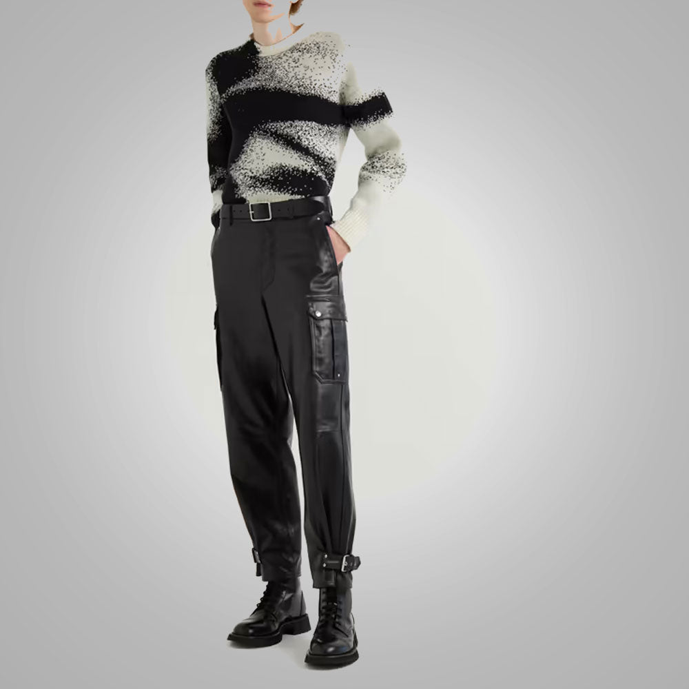 Mens New Real Black Fashion Leather Pant