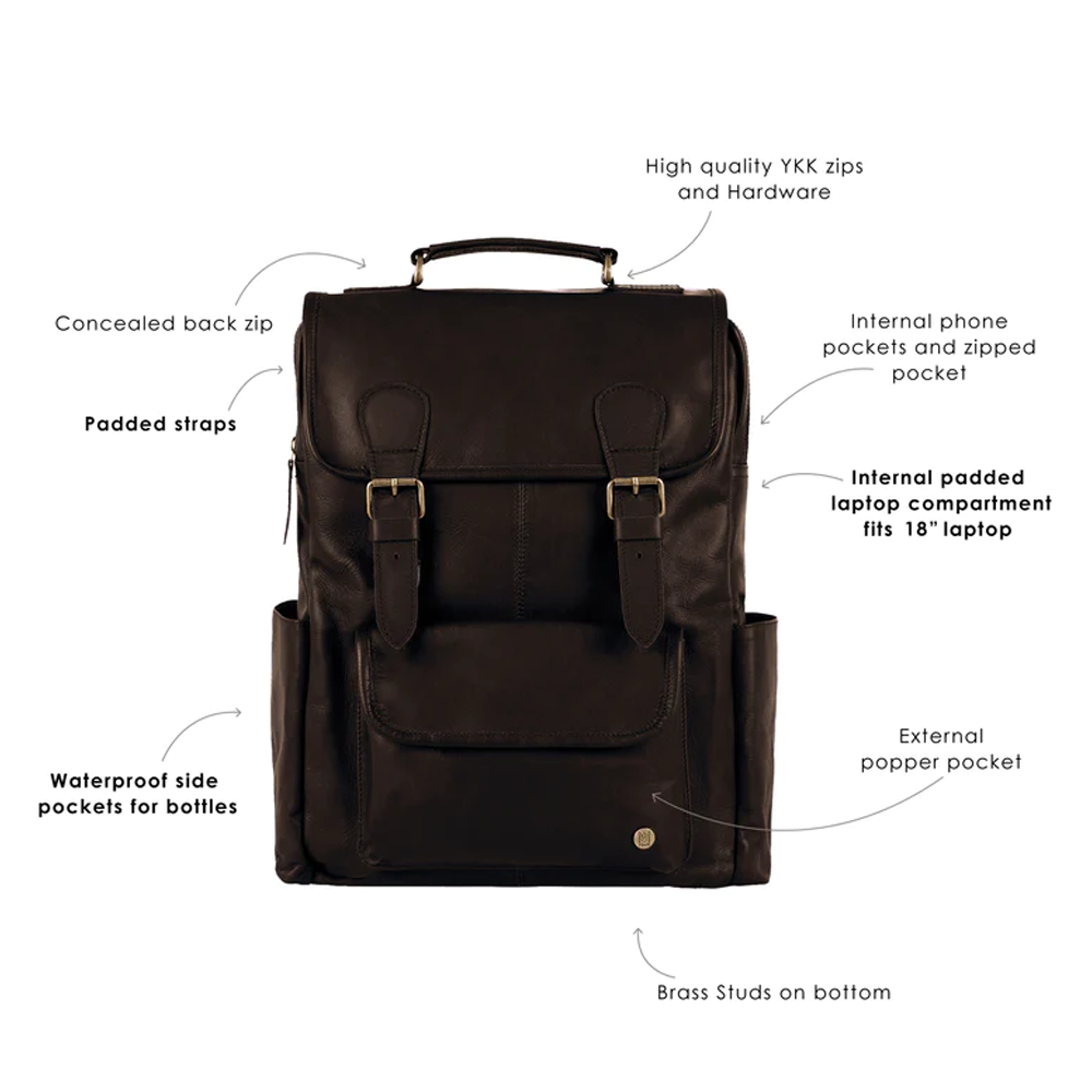 Mens Sheepskin Handmade Dark Brown Leather Backpack With Two Waterproof Lined Side Pockets