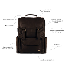 Load image into Gallery viewer, Mens Sheepskin Handmade Dark Brown Leather Backpack With Two Waterproof Lined Side Pockets

