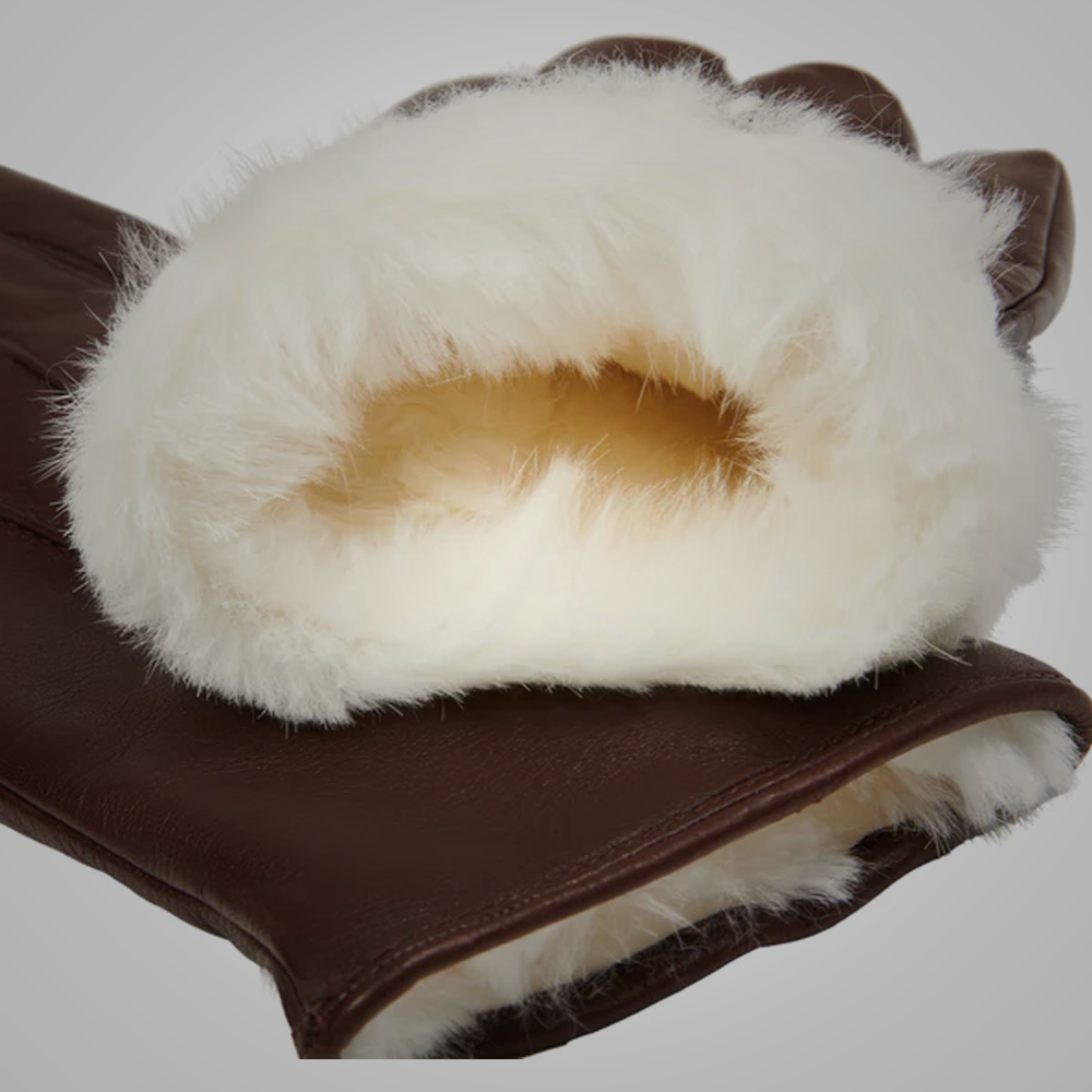 New Men Brown Lambskin leather gloves with white fur lining