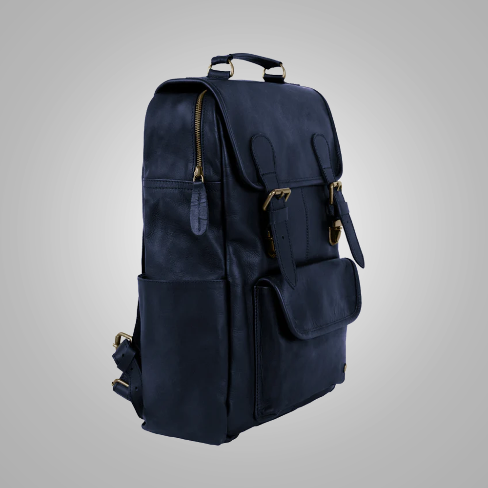 New Men's  Bule Sheepskin Leather Backpack With Robust YKK zippers