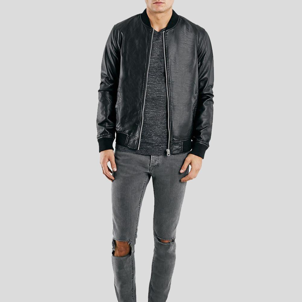 Bailei Black Bomber Leather Jacket - Shearling leather