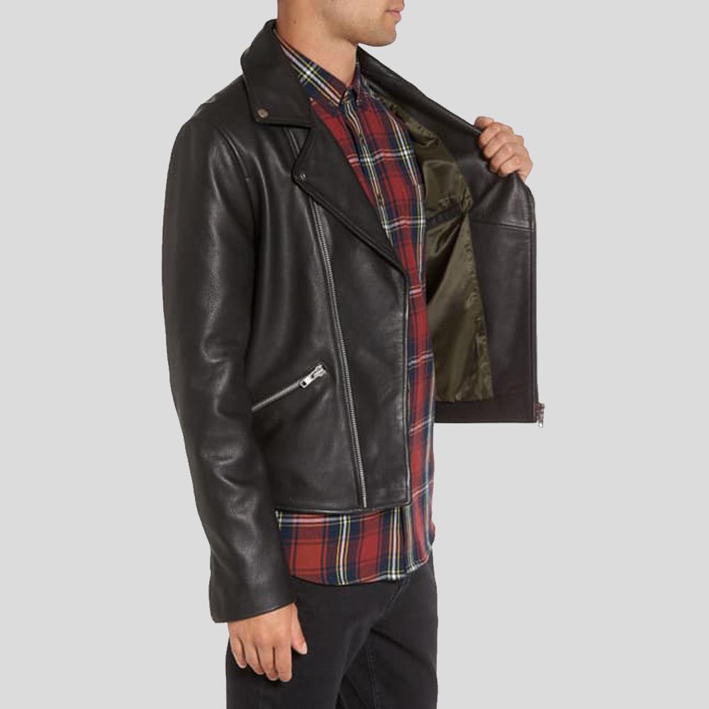 Caden Black Biker Leather Jacket - Shearling leather