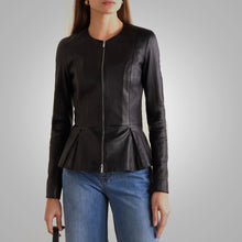 Load image into Gallery viewer, Women&#39;s Stretch Cotten Concealed Zip Black Leather Shirt
