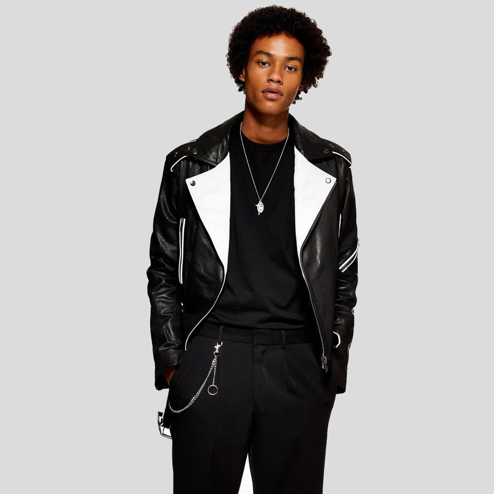 Colvert Black & White Motorcycle Leather Jacket - Shearling leather