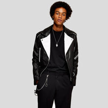 Load image into Gallery viewer, Colvert Black &amp; White Motorcycle Leather Jacket - Shearling leather
