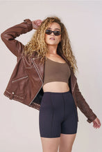 Load image into Gallery viewer, Brown Women Spiked Studded Style Silver Biker Leather Jacket
