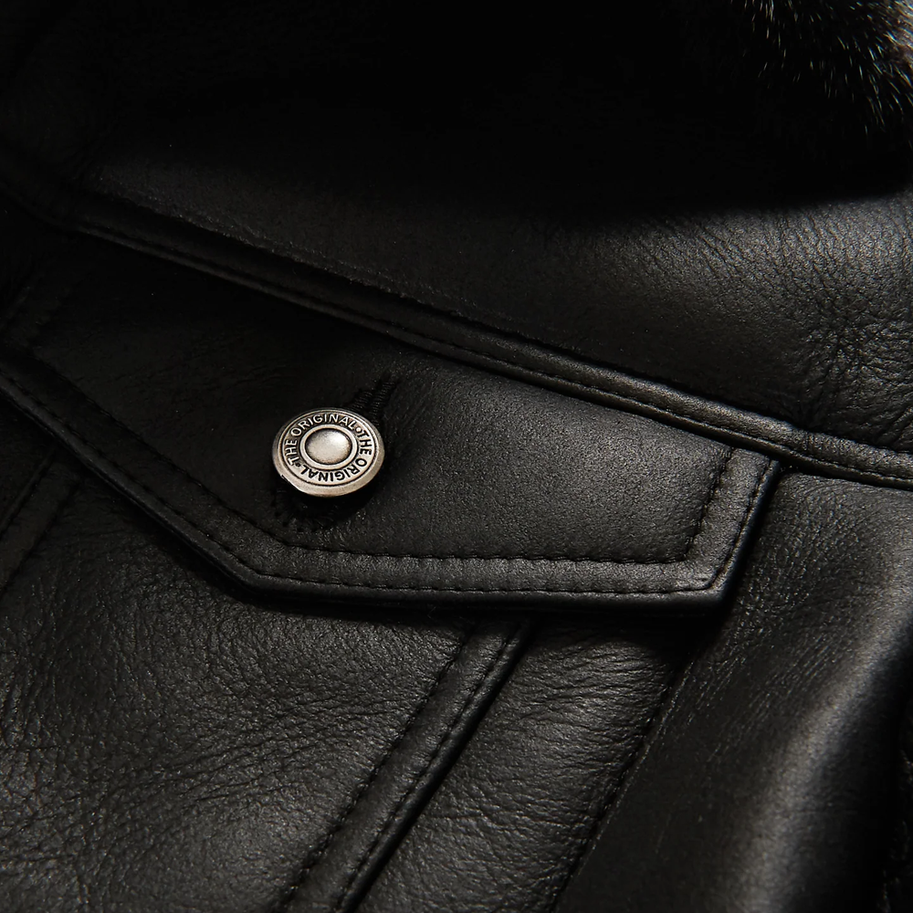 Men's Black B3 Shearling Real Sheepskin Leather Trucker Flying Jacket