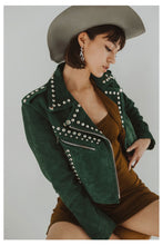 Load image into Gallery viewer, Women Green Style Silver Studded spiked Motorcycle Leather Jacket

