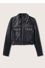 Load image into Gallery viewer, Black Women style Silver Spiked Studded Retro Motorcycle Leather Jacket
