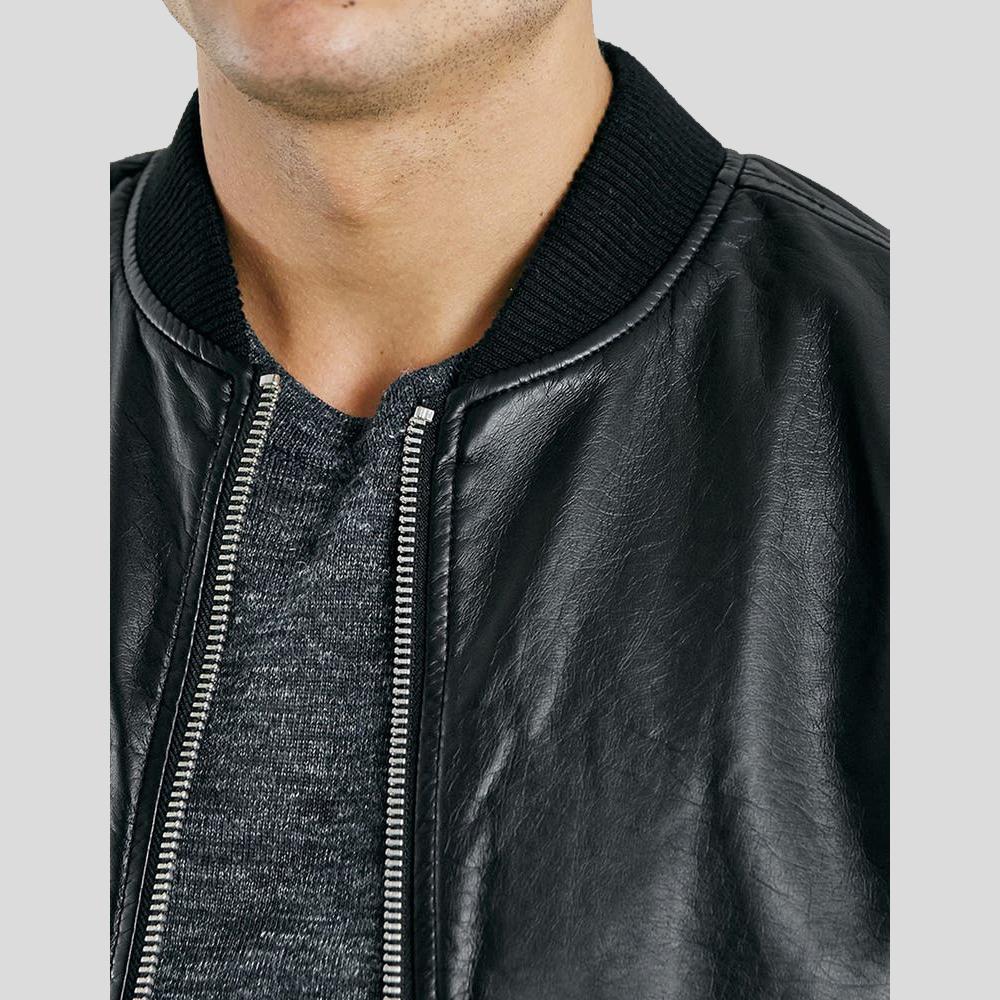 Bailei Black Bomber Leather Jacket - Shearling leather