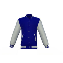 Load image into Gallery viewer, Navy Varsity Letterman Jacket with Grey Sleeves - Shearling leather
