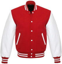 Load image into Gallery viewer, Varsity Letterman Baseball Bomber Retro Vintage Jacket Red Wool White Genuine Leather Sleeves - Shearling leather
