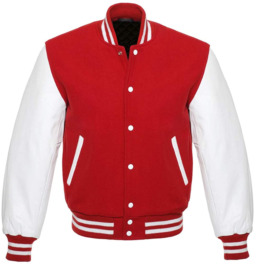 Varsity Letterman Baseball Bomber Retro Vintage Jacket Red Wool White Genuine Leather Sleeves - Shearling leather