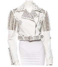 Load image into Gallery viewer, Leather Rider Womens For Mens Silver Tone Studded White Leather Jacket - Shearling leather
