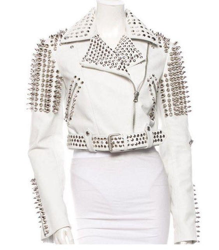 Leather Rider Womens For Mens Silver Tone Studded White Leather Jacket - Shearling leather