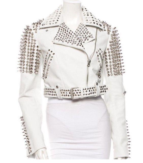 Leather Rider Womens For Mens Silver Tone Studded White Leather Jacket - Shearling leather