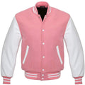 Varsity Letterman Baseball Bomber Retro Vintage Jacket Pink Wool White Genuine Leather Sleeves - Shearling leather