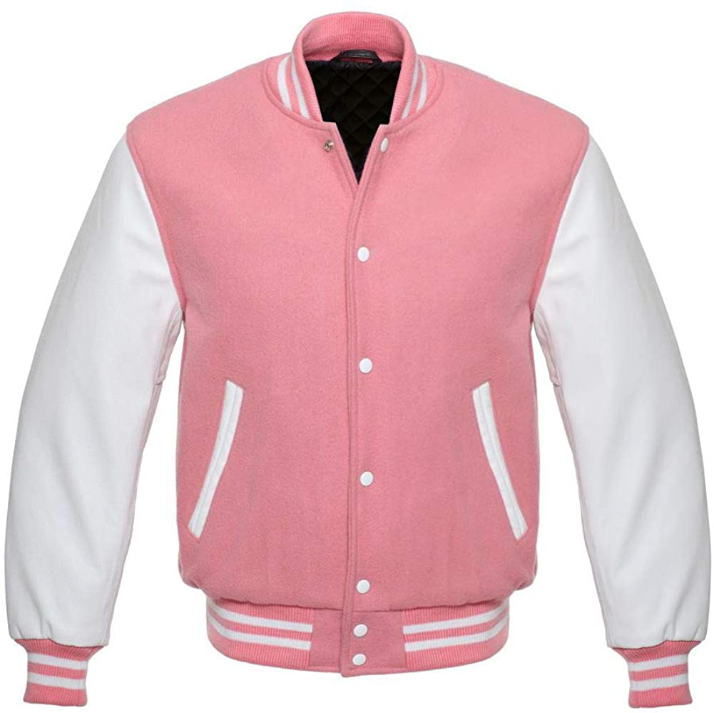 Varsity Letterman Baseball Bomber Retro Vintage Jacket Pink Wool White Genuine Leather Sleeves - Shearling leather