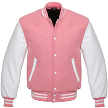 Load image into Gallery viewer, Varsity Letterman Baseball Bomber Retro Vintage Jacket Pink Wool White Genuine Leather Sleeves - Shearling leather
