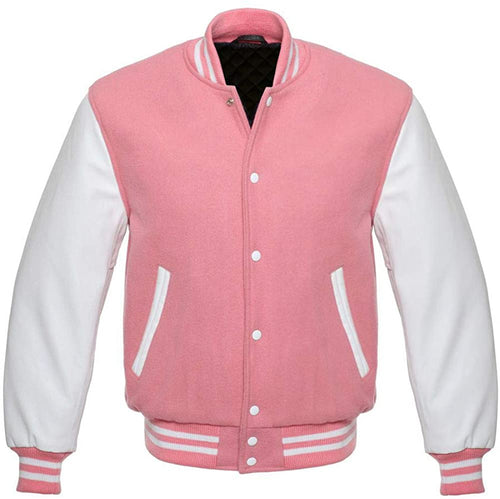 Varsity Letterman Baseball Bomber Retro Vintage Jacket Pink Wool White Genuine Leather Sleeves - Shearling leather