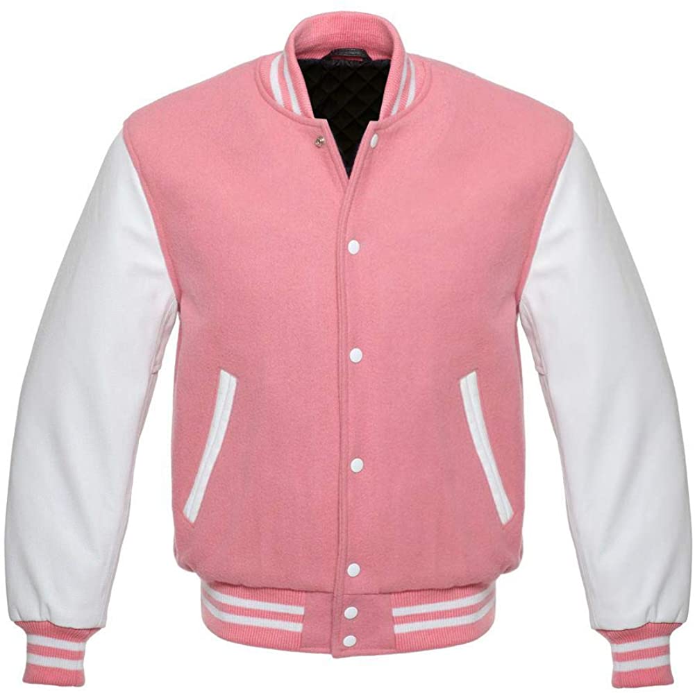 Varsity Letterman Baseball Bomber Retro Vintage Jacket Pink Wool White Genuine Leather Sleeves - Shearling leather