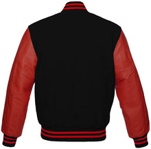 Load image into Gallery viewer, Varsity Letterman Baseball Bomber Retro Vintage Jacket Black Wool and Red Genuine Leather Sleeves - Shearling leather
