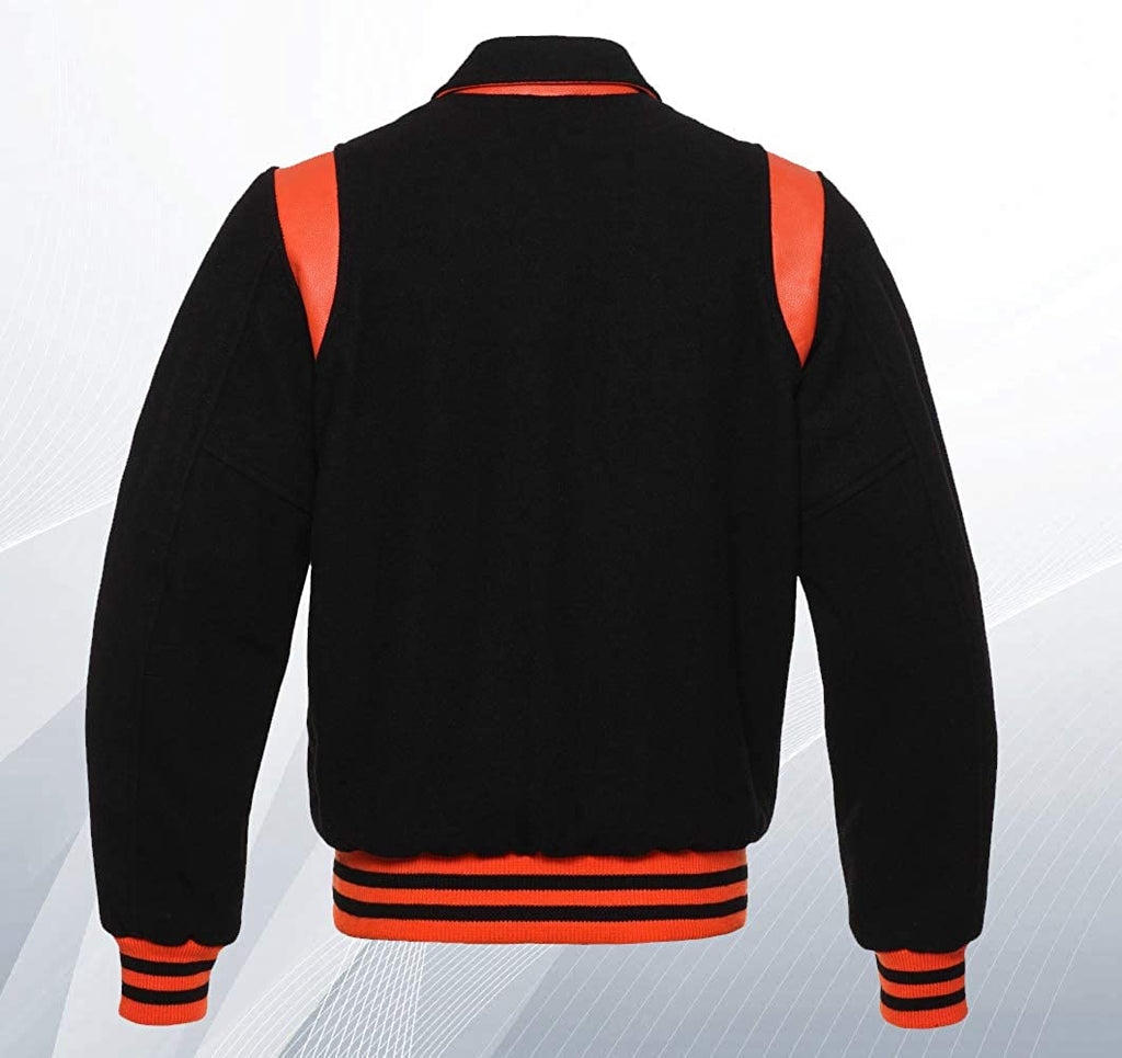 Super Varsity Letterman Baseball Bomber Retro Vintage Stylish Jacket All Wool Black & Orange Genuine Leather Strip - Shearling leather