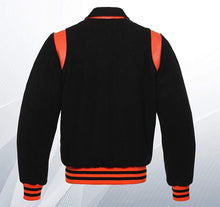 Load image into Gallery viewer, Super Varsity Letterman Baseball Bomber Retro Vintage Stylish Jacket All Wool Black &amp; Orange Genuine Leather Strip - Shearling leather
