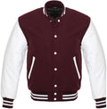 Varsity Letterman Baseball Bomber Retro Vintage Jacket Maroon Wool White Genuine Leather Sleeves - Shearling leather