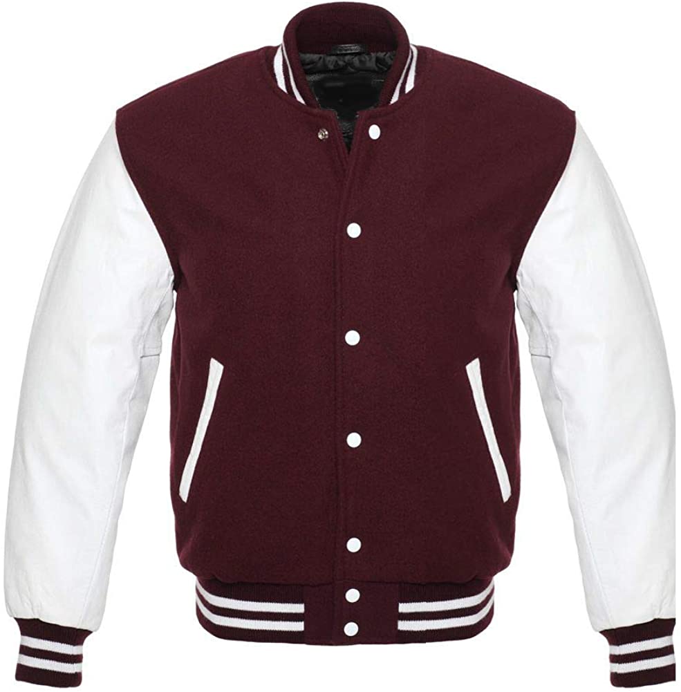 Varsity Letterman Baseball Bomber Retro Vintage Jacket Maroon Wool White Genuine Leather Sleeves - Shearling leather