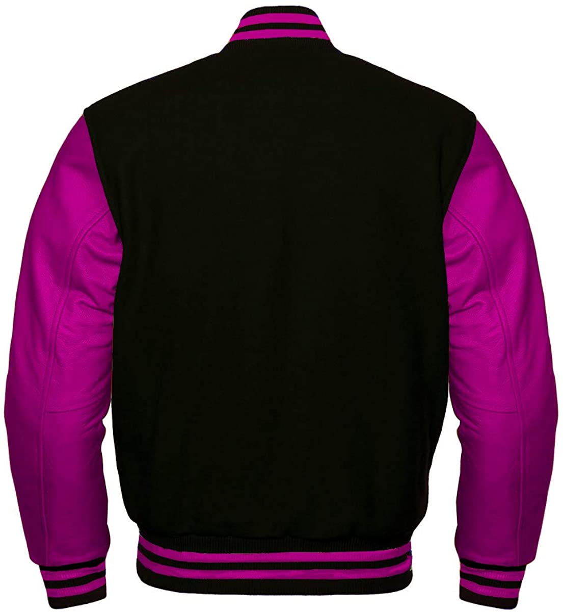 Varsity Jacket Bomber Letterman Baseball Black Wool & Hot Pink Leather Sleeves - Shearling leather