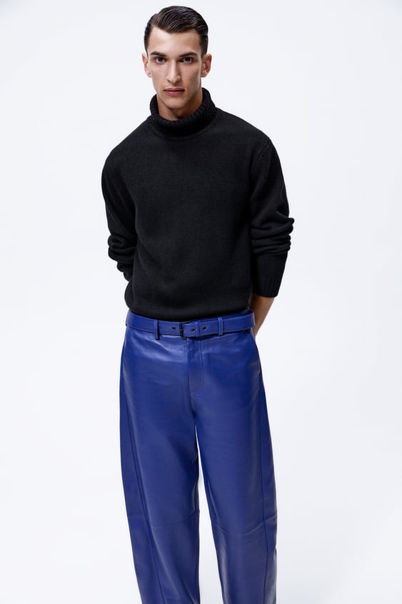 Blue Mens Sheep Skin Leather Real Biker Pants