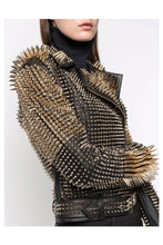 Load image into Gallery viewer, Women Black Punk Silver Long Spiked Studded Leather Biker Jacket
