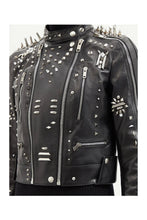 Load image into Gallery viewer, Black Women style Silver Long Spiked Studded Motorcycle Leather Jacket
