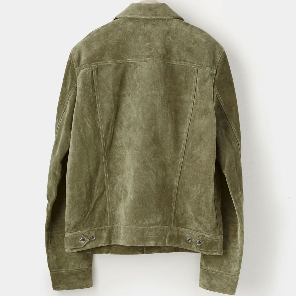 Men's Cream Green Suede Leather Shirt Jeans Style Jacket